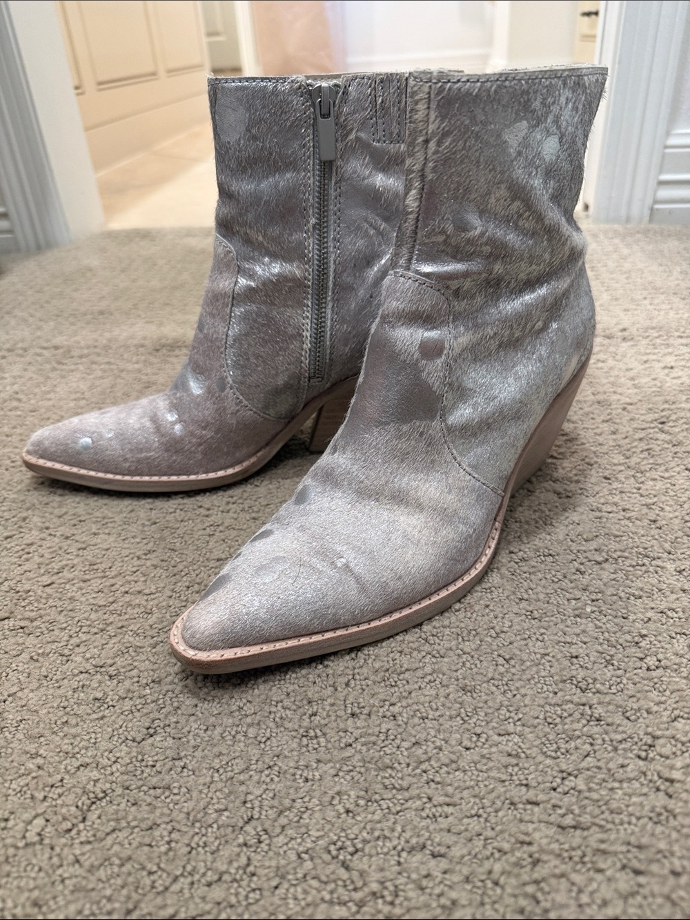 Dolce Vita Metallic Silver Faux Fur Pointed-Toe Ankle Booties